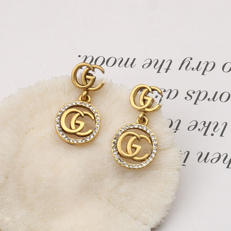 Wholesale Retro European Style Double G Long Circle Earrings Rhinestone Alloy for Women Fashion Accessory