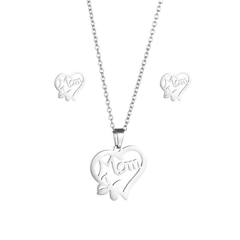Wholesale Heart Shaped MOM Stainless Steel Earrings Necklace Set Mother's Day ACC-ES-MinM025
