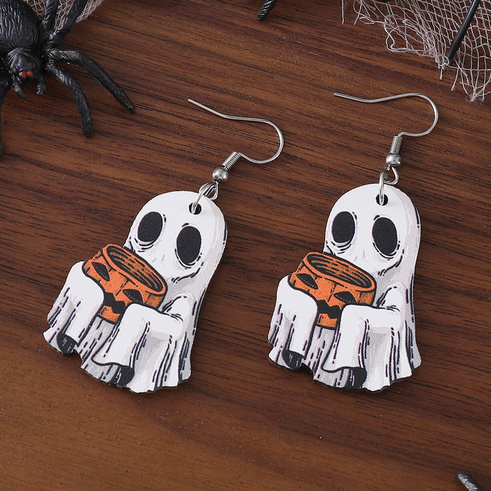 Wholesale Halloween Ghost Face Pumpkin Candy Pendant Goth Theme Wood Earrings ACC-ES-ChuLian033