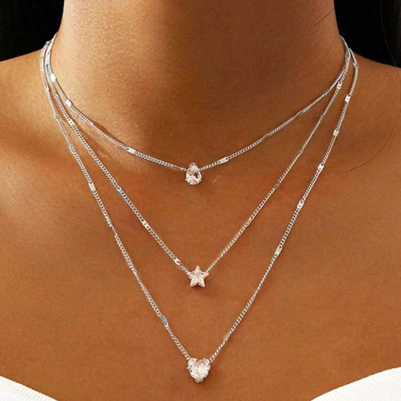 Wholesale Gold Tone Iron Layered Necklace Heart Star Water Drop Design Minimalist Chic Fashion Jewelry Accessory For Women