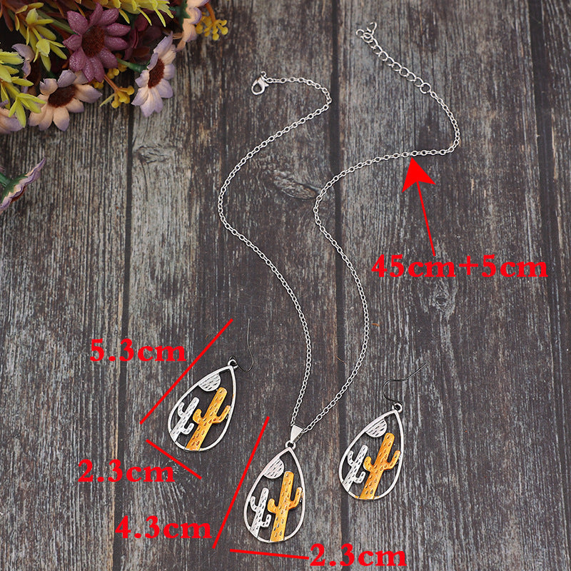 Wholesale Retro Cactus Drop Earrings and Pendant Set - Western Style Alloy Jewelry Accessory for Boutique Resale