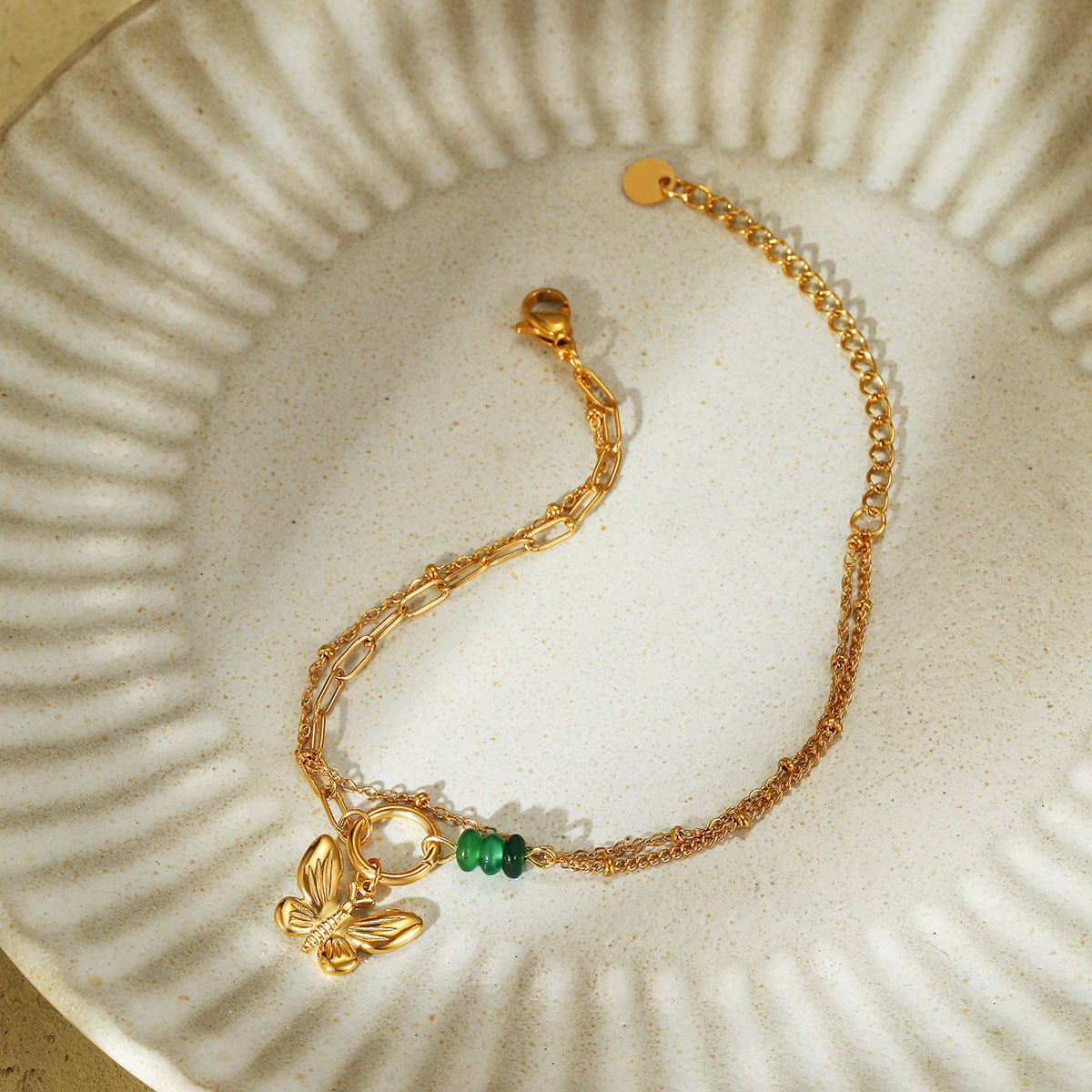 Wholesale  Natural Stone Green Beaded Butterfly Stainless Steel Bracelet