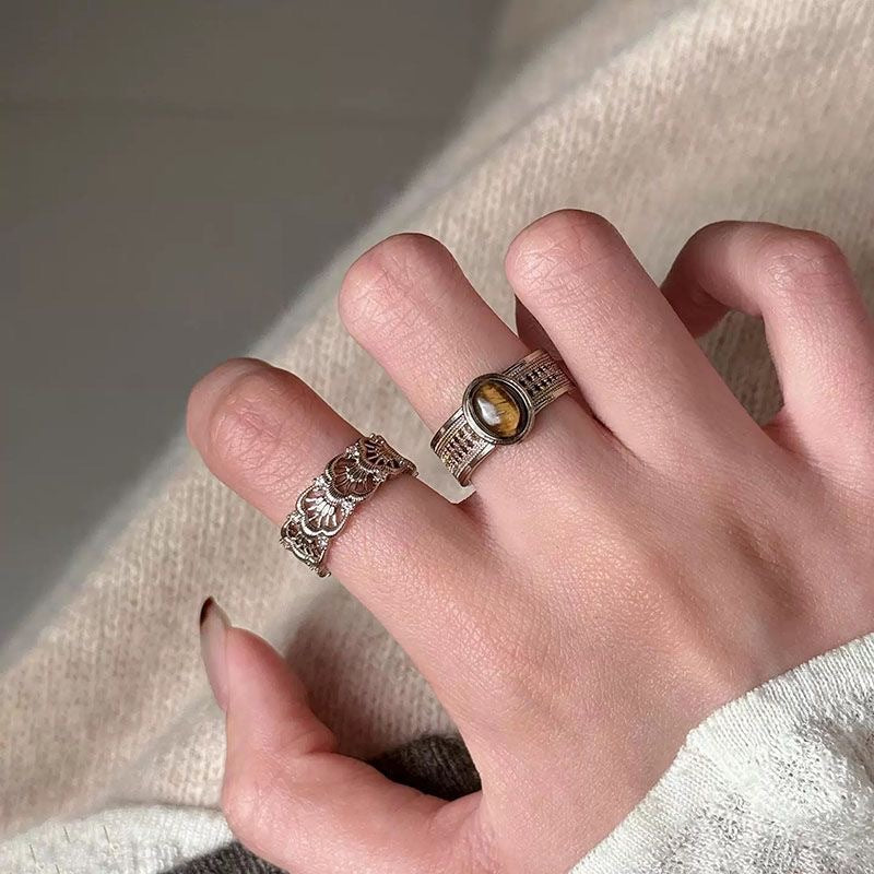 Wholesale Vintage Hollow-Carved Tiger' s Eye Stone Ring,  Alloy Electroplated,  Jewelry Accessory