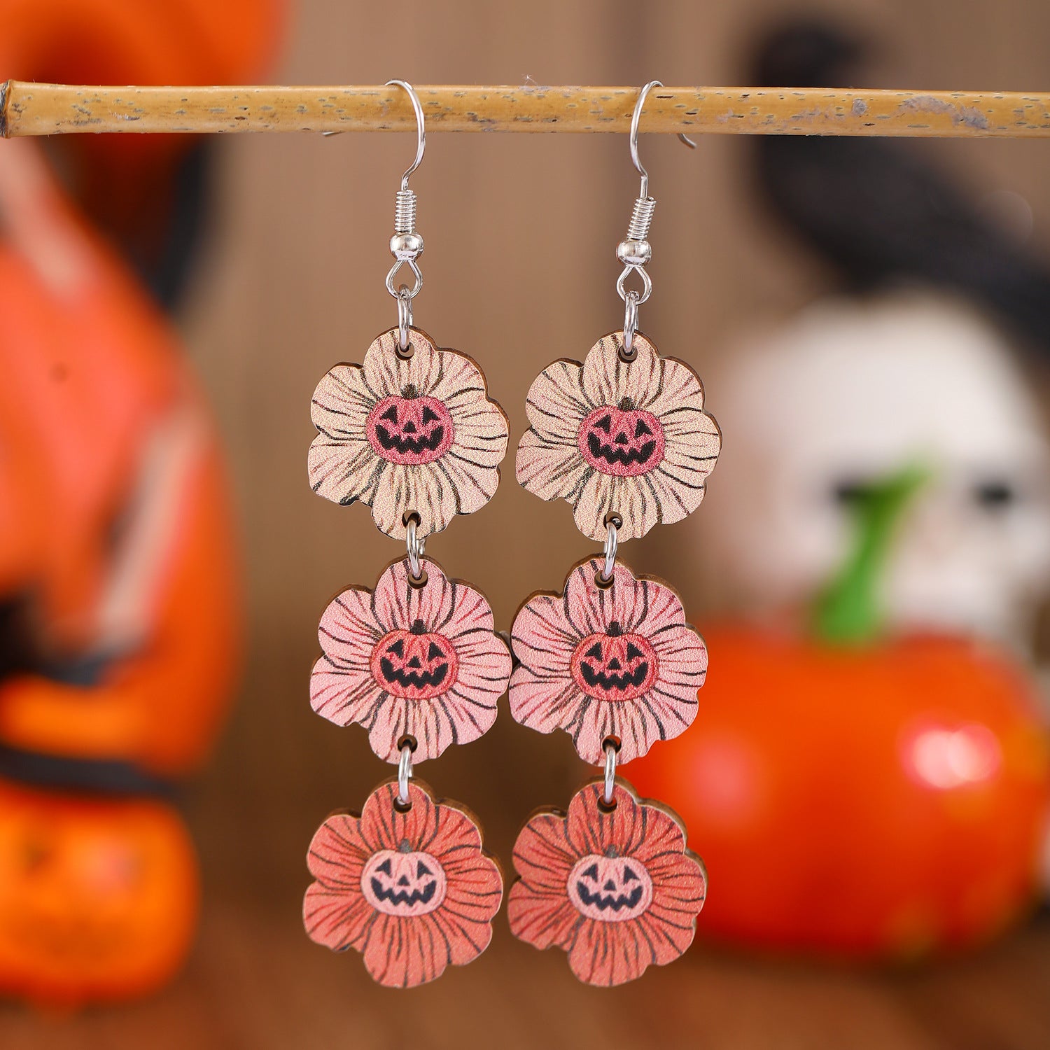 Wholesale  Pumpkin Skull Ghost Printed Wood Earrings Women' s Jewelry Accessory
