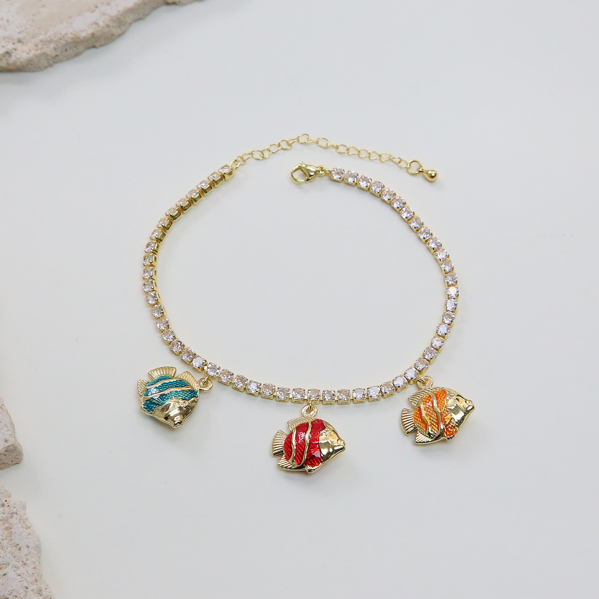 Wholesale Ocean Summer Full Diamond Zirconia Chain Colorful Fish Starfish Seashell Multi-Layer Women' s Anklet