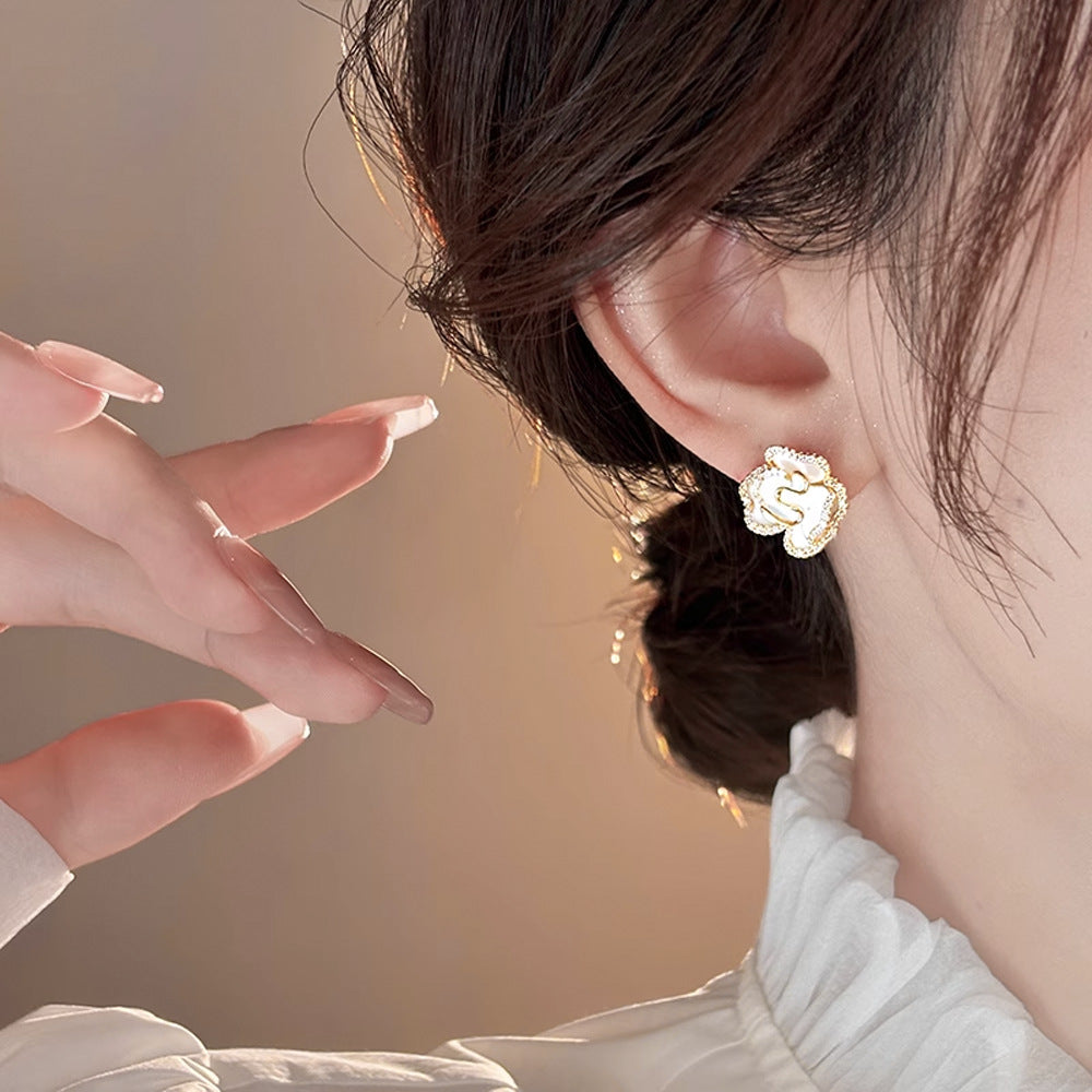 Wholesale Zircon Camellia Ear Clip Gold Light Luxury Flower Earrings