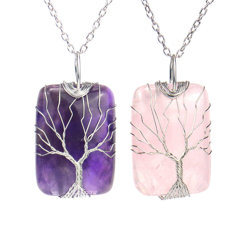 Wholesale Handmade Wire Wrapped Rectangular Tree Of Life Pendant Necklace Natural White Crystal Agate Jewelry Accessory For Resale
