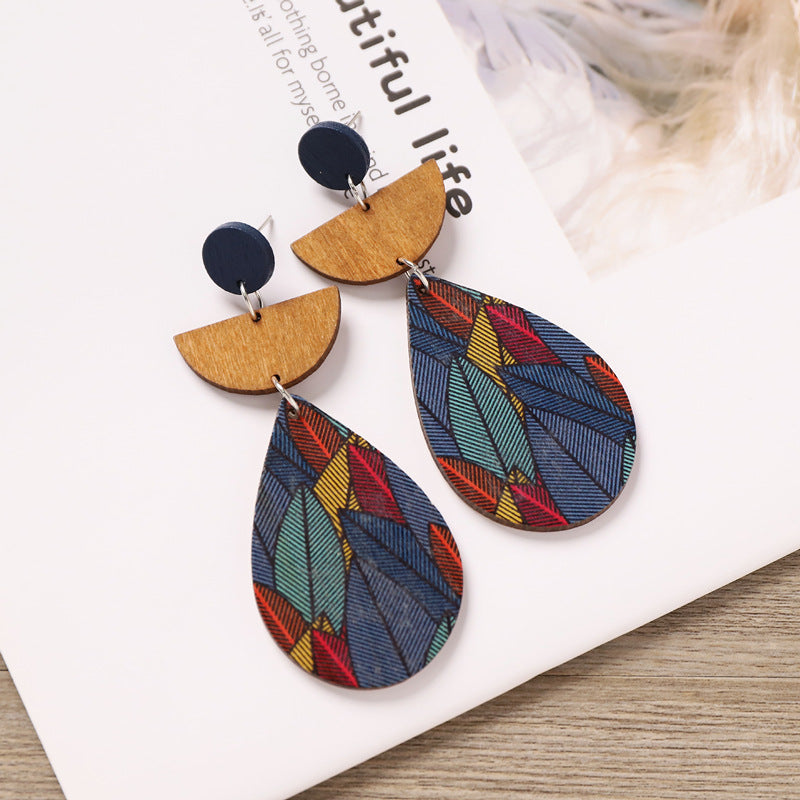 Wholesale Bohemian Wooden Ear Studs Geometric Stripe Ethnic Print Fashion Jewelry Accessory Boutique Gift
