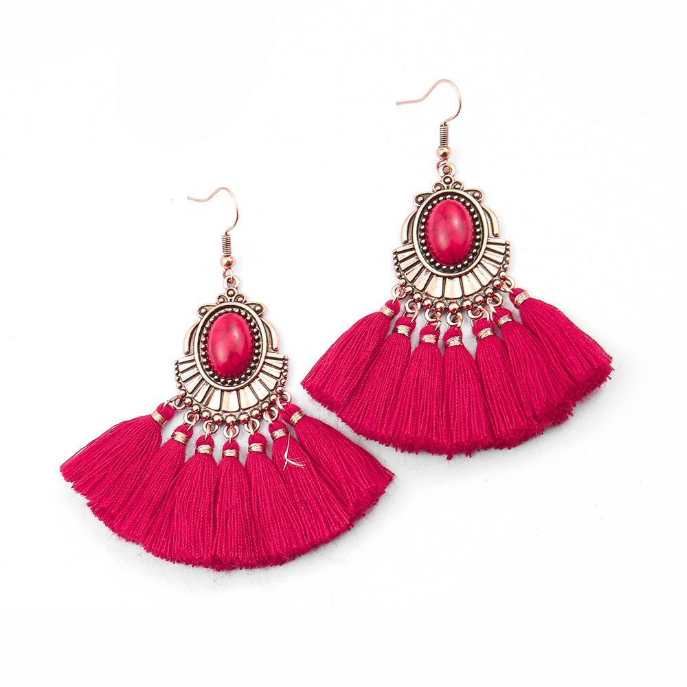 Wholesale Chinese Style Red Tassel Earrings Retro Medieval Festive Jewelry Accessory