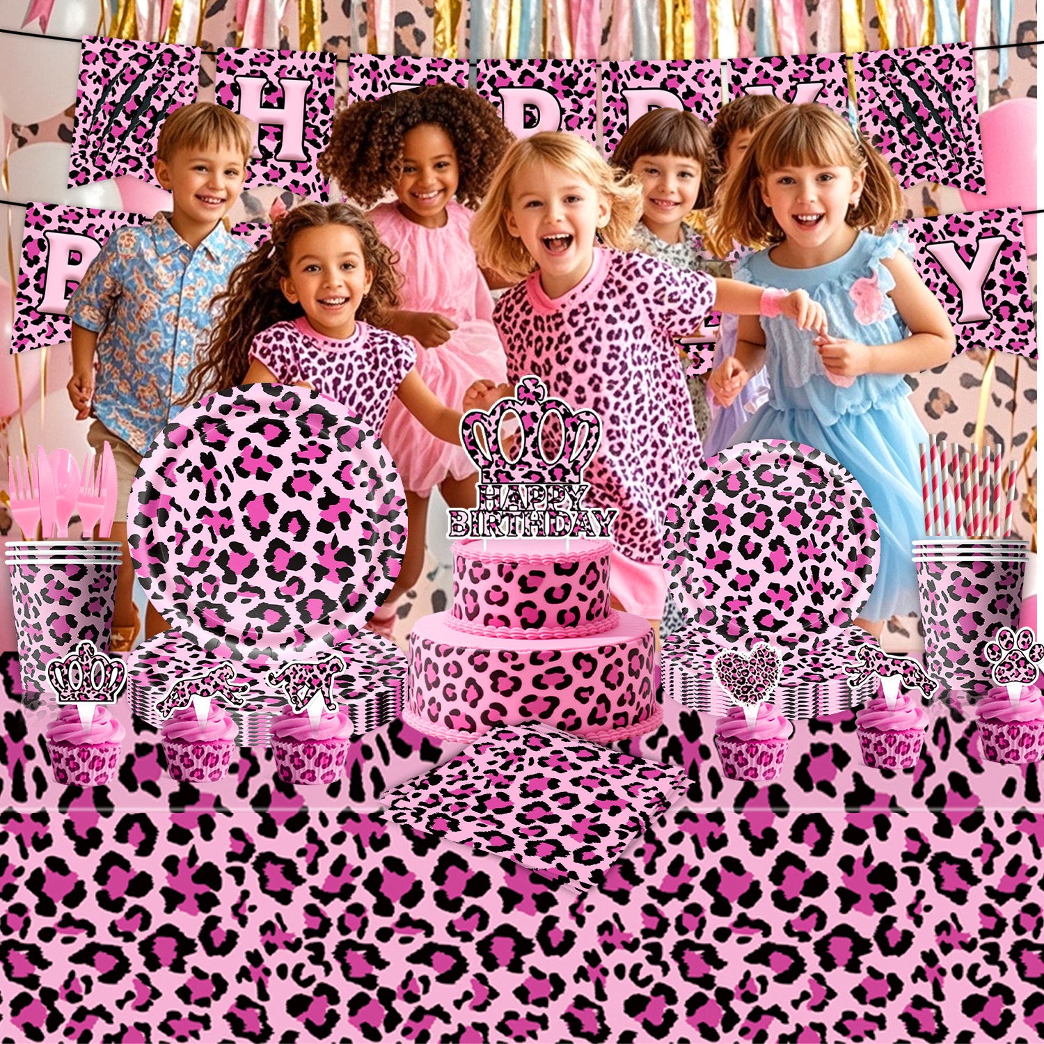 Wholesale Pink leopard theme birthday party tableware arrangement disposable paper towels and cups