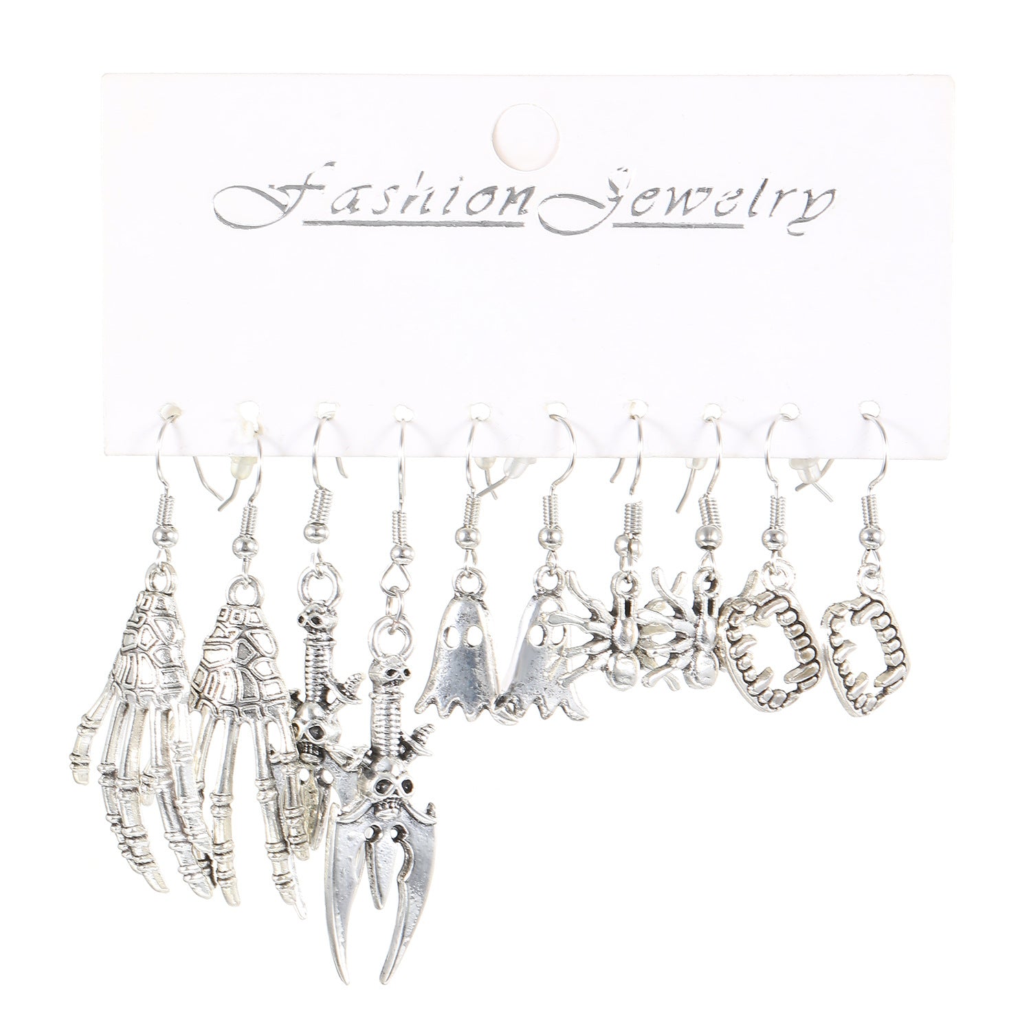 Wholesale Alloy Ancient Silver  Statement Earrings Set – 5 Pairs Pumpkin Skull  Theme,  Party Fashion Accessory
