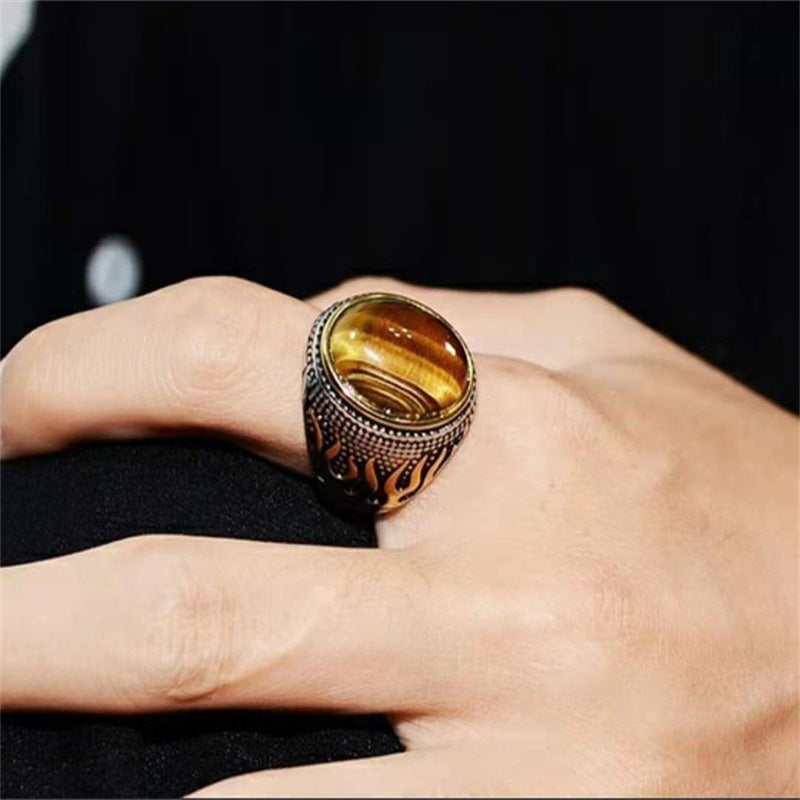 Wholesale Antique Silver Zinc Alloy Tiger Eye Flame Geometric Ring Unisex Fashion Accessory Gift Boutique Resale