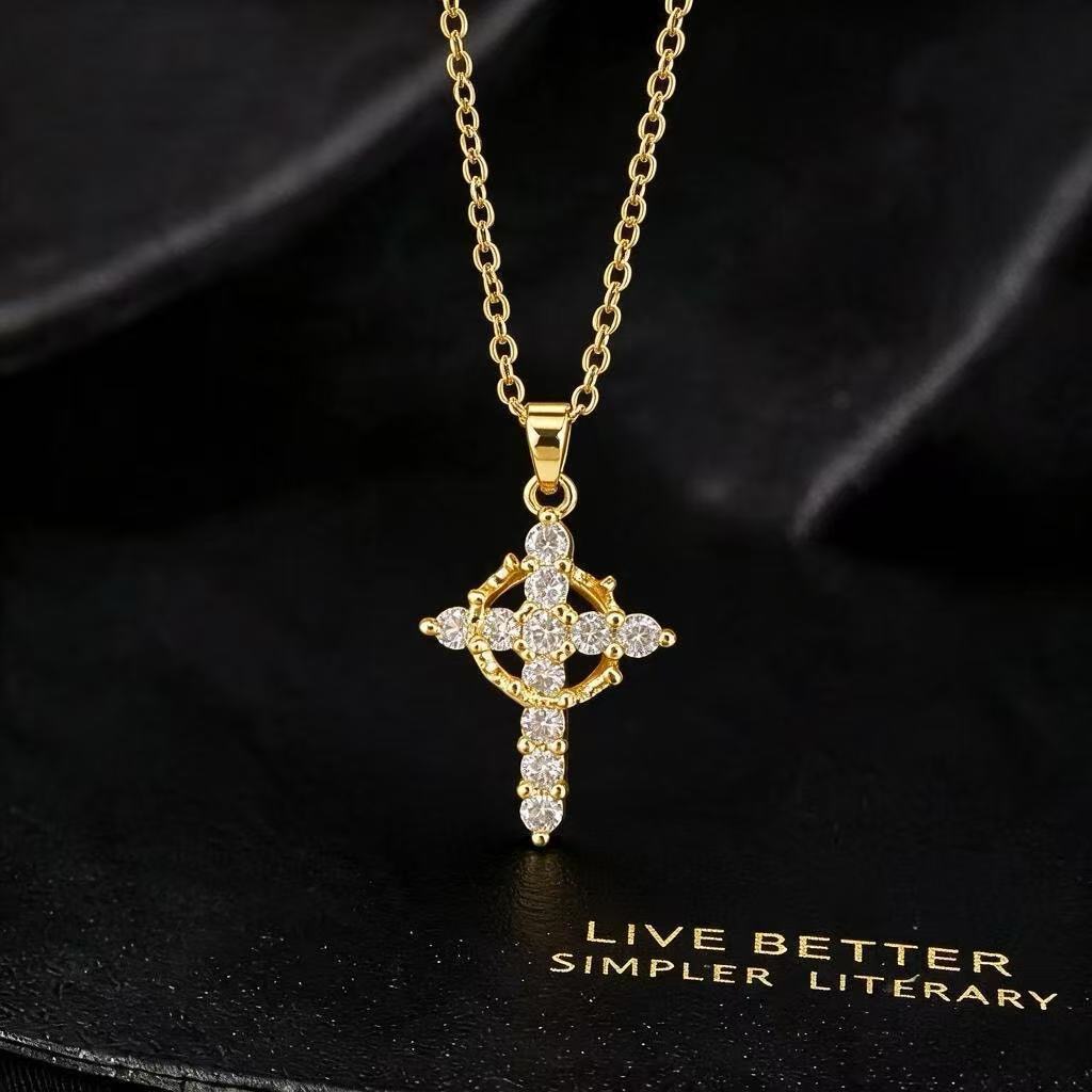 Wholesale Gold Plated Copper Zircon Rotatable Crown Cross Pendant Necklace Fashion Jewelry Accessory Boutique Resale Gift For Women