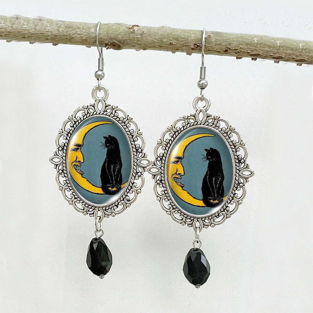 Wholesale Halloween Stainless Steel Ear Hook Oval Lace Pumpkin Black Cat Moon Metal Earrings ACCVIP-ES-XiangLian005