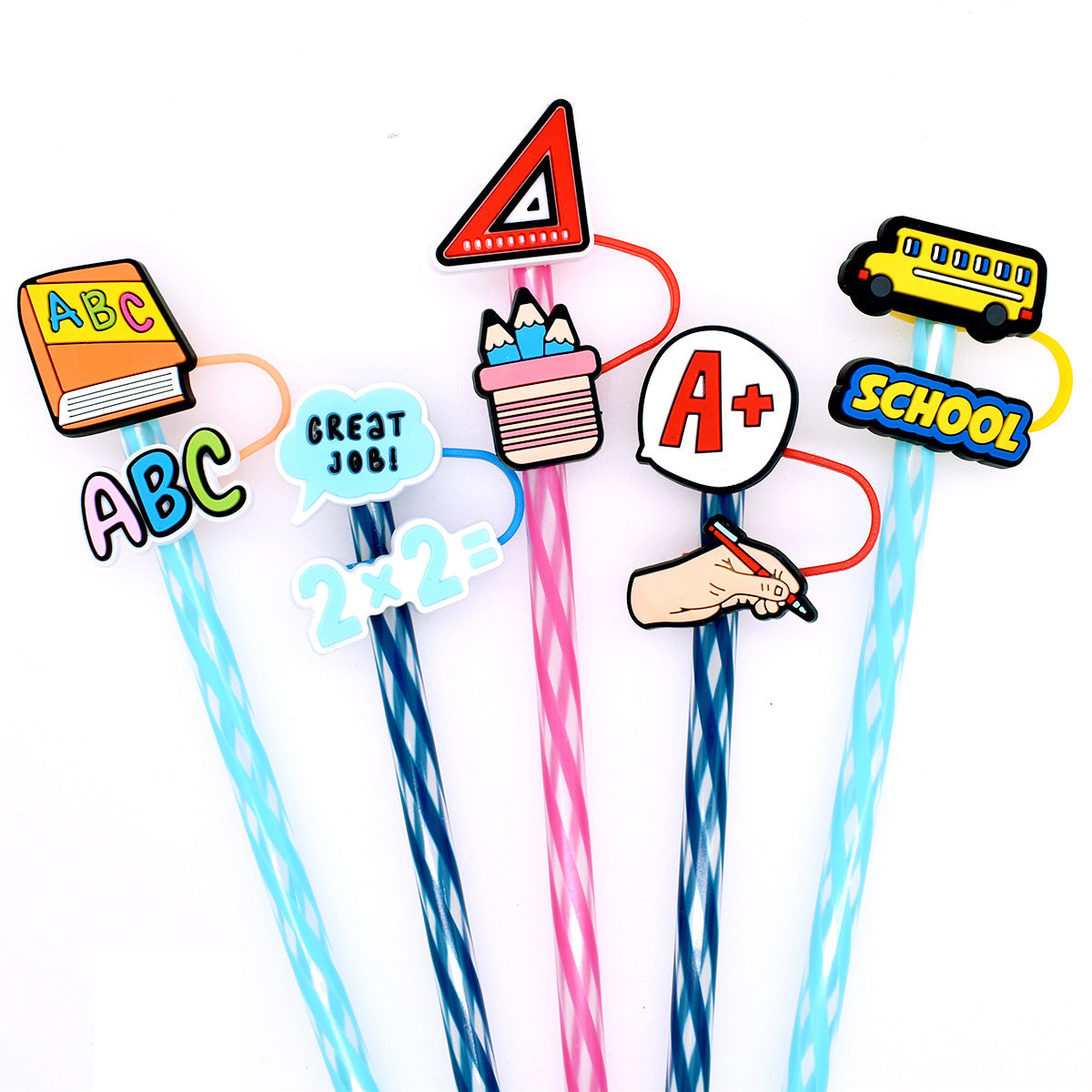 Wholesale Random Color 100pcs School Season Pencil Books Straw Tube Cap 10mm Soft Glue Straw Decoration Straw Cover ACC-SCR-RYY028