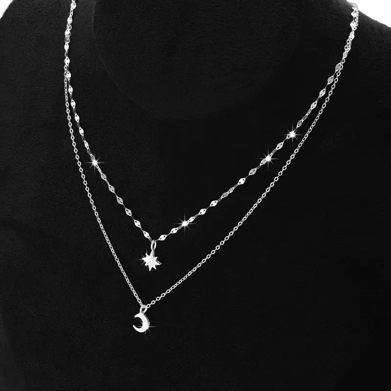 Wholesale  silver Flash Diamond Star Moon Double Layer Necklace