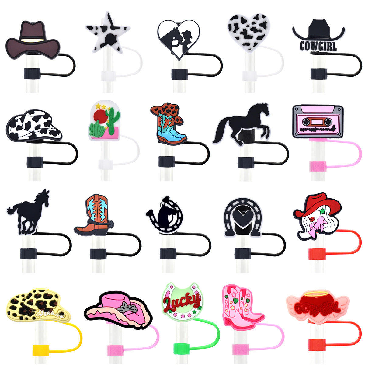 Wholesale Random 100pcs Western Style Cow Pattern Cowboy Hat Boots 10mm Straw Buckle Soft Rubber Straw Decoration