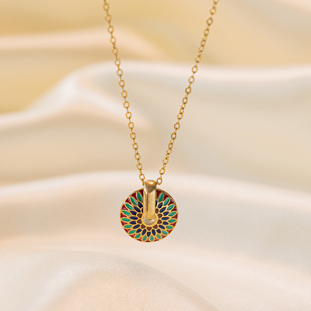 Wholesale Retro Light Luxury Necklaces Drip Glaze Daisy Titanium Steel Necklace Earrings Set ACC-NE-Tais009