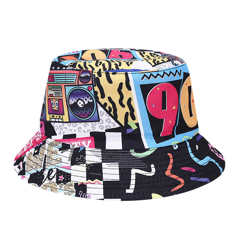 Wholesale  retro printed 80s 90s fisherman hat  double-sided basin hat outdoor bucket hat