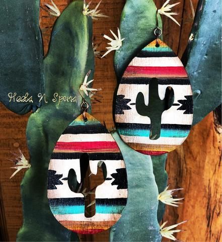 Wholesale Retro Western Style Colorful Hollow Cactus Print Leather Earrings