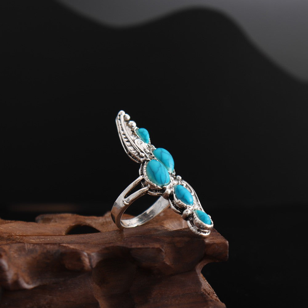 Wholesale Bohemian Feather Drop Turquoise Ring Jewelry Accessory Boutique