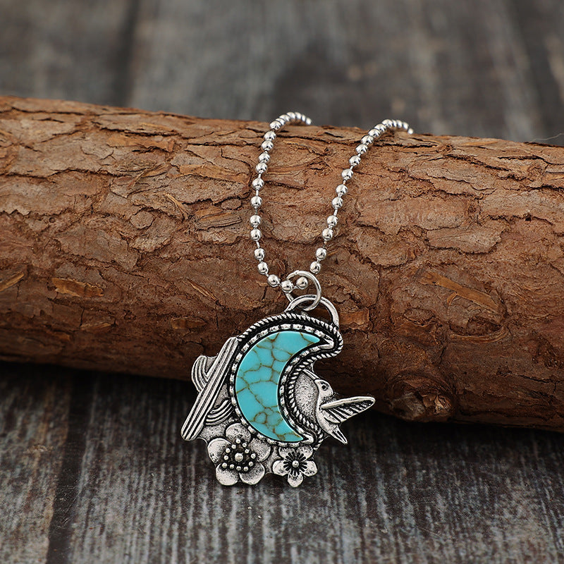 Wholesale Vintage Alloy Necklace with Turquoise Inlay Cactus Flower Bird Pendant Jewelry Accessory