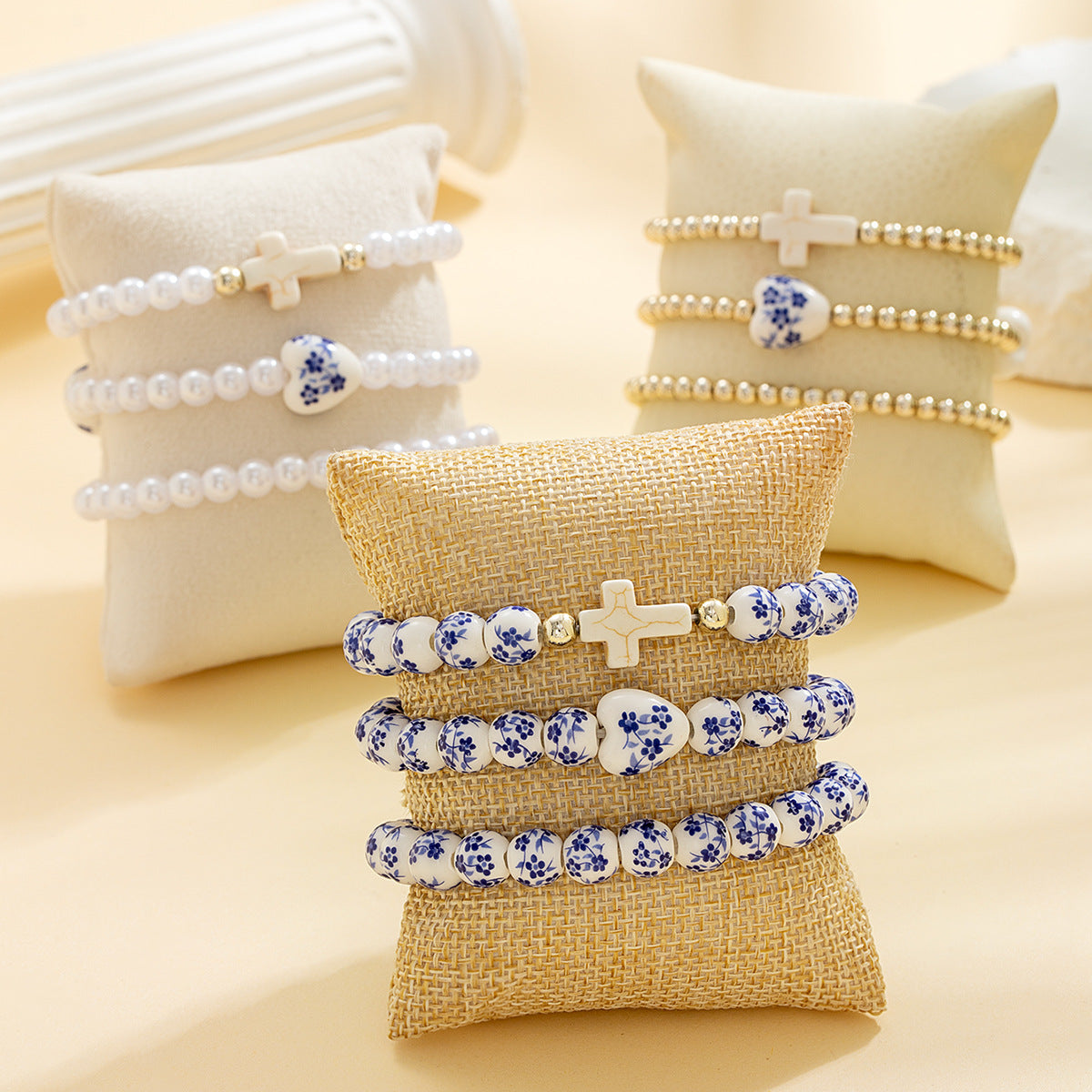 Wholesale Turquoise Cross Ceramic Heart-Shaped Pearl Beaded Stretch Bracelet