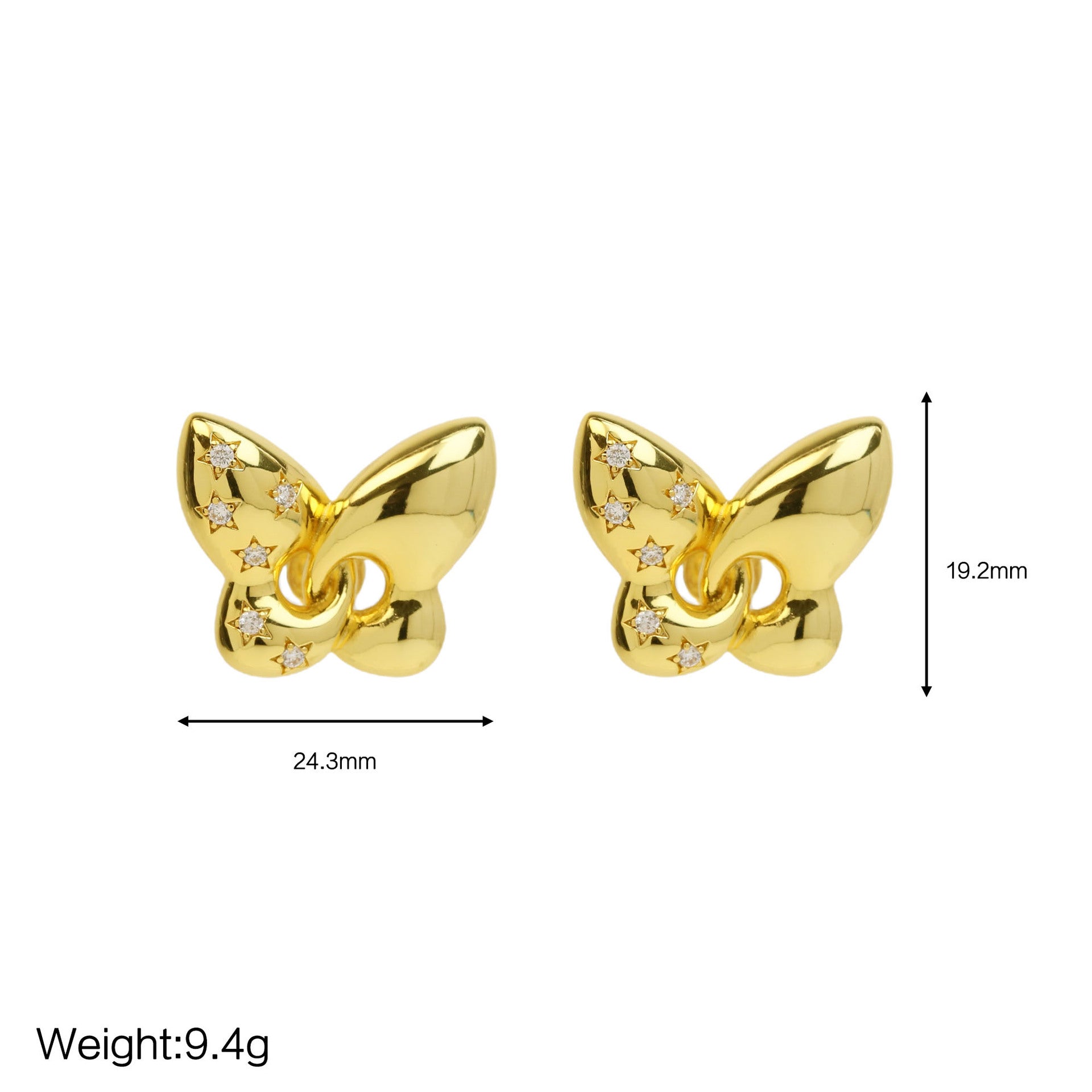 Wholesale  Brass Zircon 18K Golden Face Butterfly Earrings