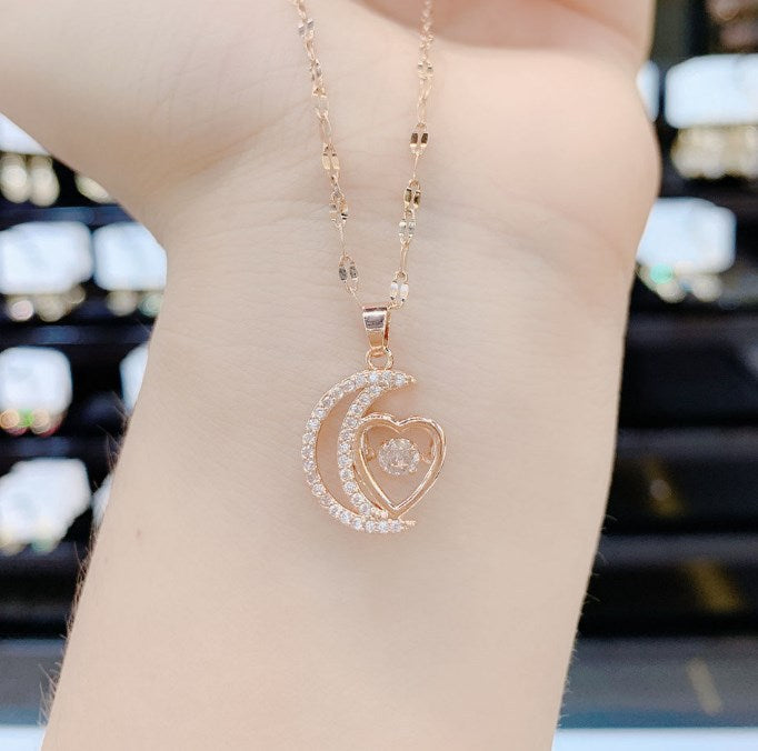 Wholesale Titanium Steel pendant micro inlay moon 100 kinds of I love you text light luxury  clavicle chain