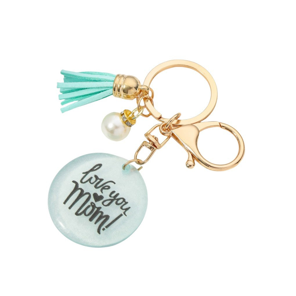 Wholesale MOM tassel pearl resin round card keychain