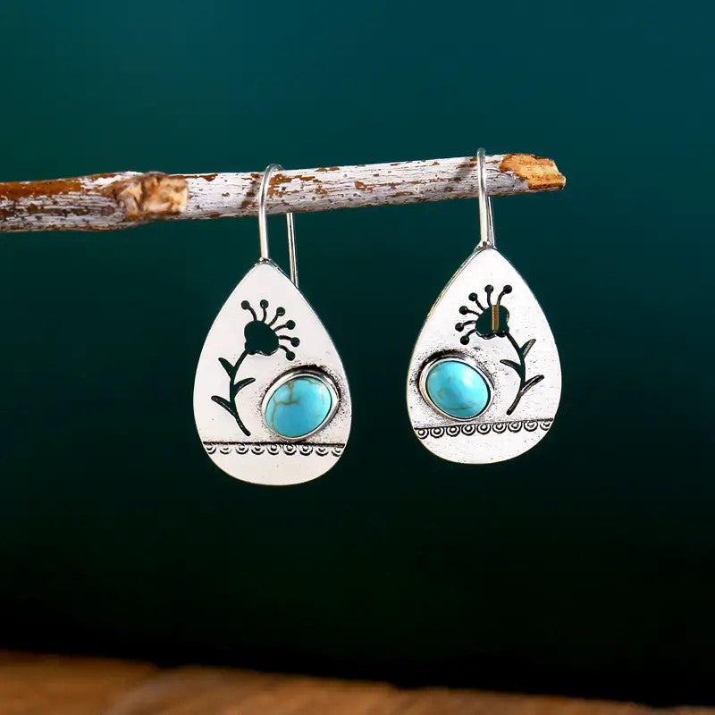 Wholesale Retro Drop-shaped Hollow Flower Turquoise Earrings - Everyday Fashion Accessory