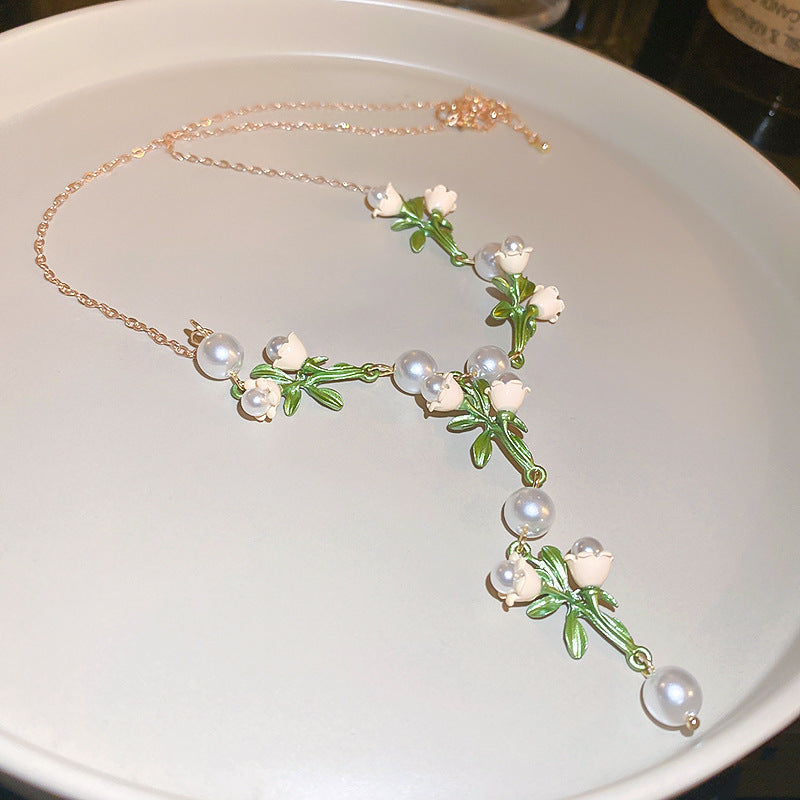 Wholesale  geometric zircon Pearl T-shaped buckle necklace