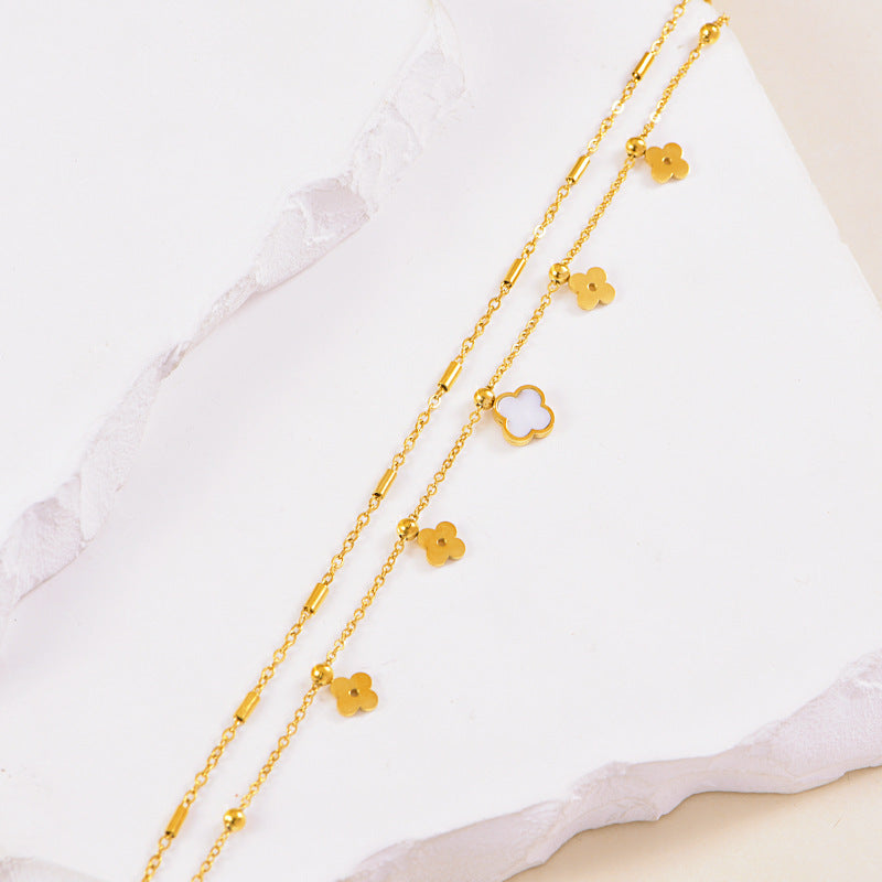 Wholesale Stainless Steel White Shellfish Four-leaf Flower Ankle Double-layer  Foot Decoration