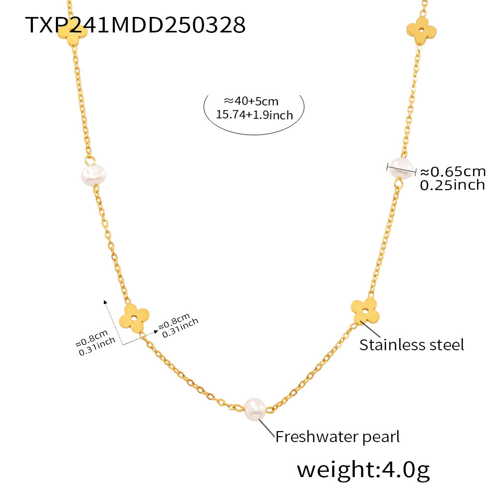 Wholesale Freshwater Pearl Flower Chain Necklace Stainless Steel Gold Plated Boutique Resale
