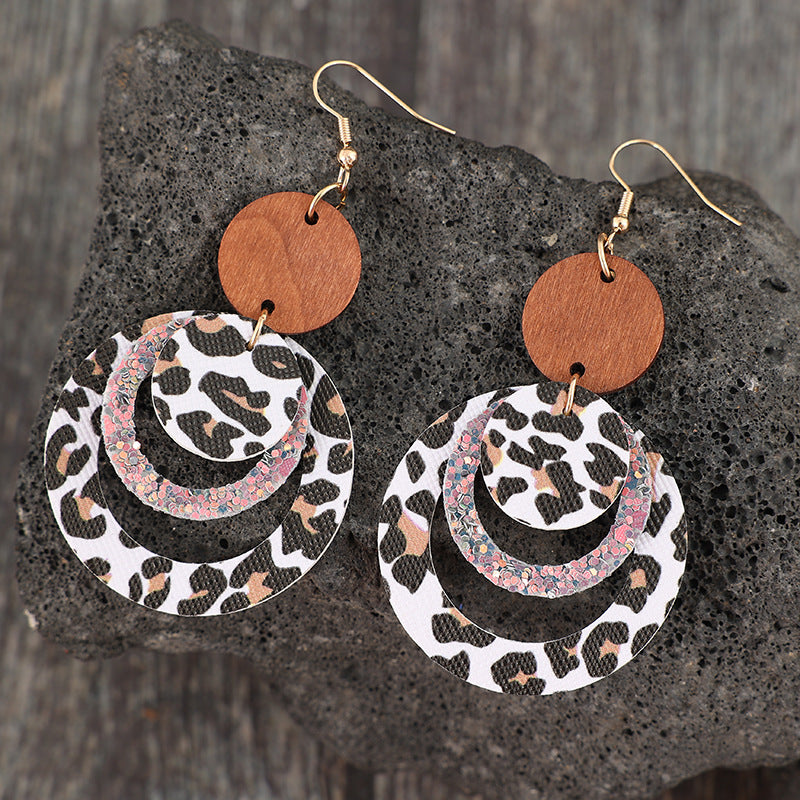 Wholesale Retro Style Multi-Layer Pattern Ring Splicing Small Disc Leather Personalized Earrings