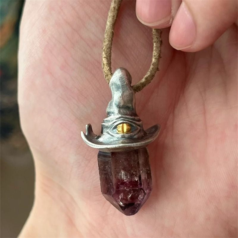 Wholesale  Retro Natural Amethyst Hexagonal Column Witch Hat Pendant Necklaces