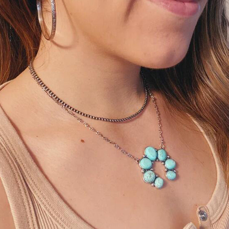 Wholesale Silver Alloy Turquoise Drop Pendant Bohemian Retro U-Shape Collarbone Necklace Gift Jewelry Accessory