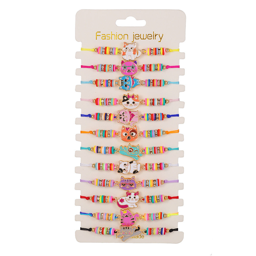 Wholesale Colorful polymer clay beaded cartoon animal pattern bracelet hand-woven adjustable size children' s jewelry