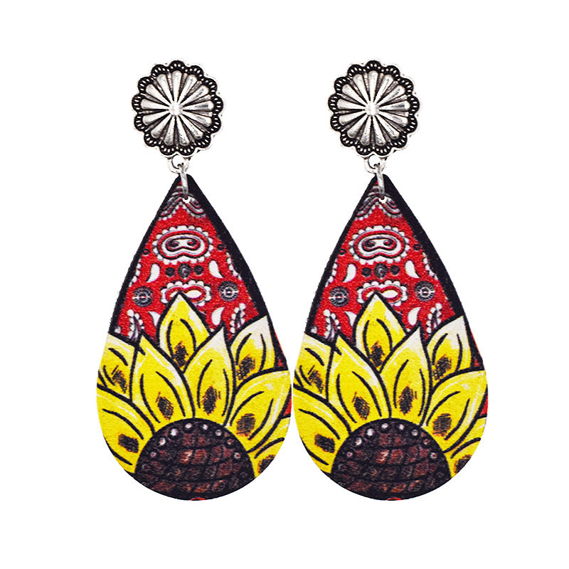 Wholesale Western Denim distressed style sunflower leather earrings