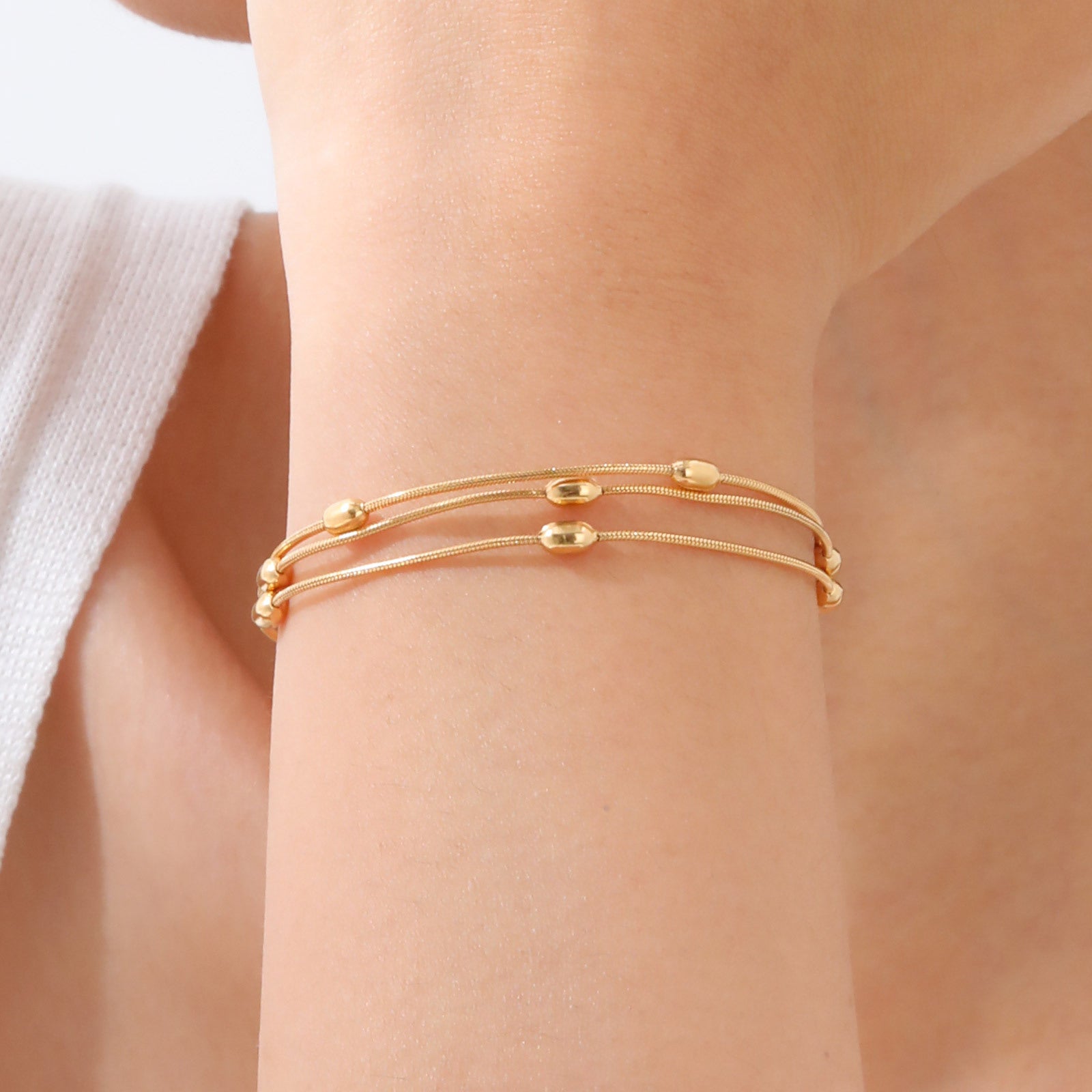 Wholesale Trendy Gold Bracelet For Women Stainless Steel Snake Chain Three Layer Rice Beads Fashion Jewelry Gift