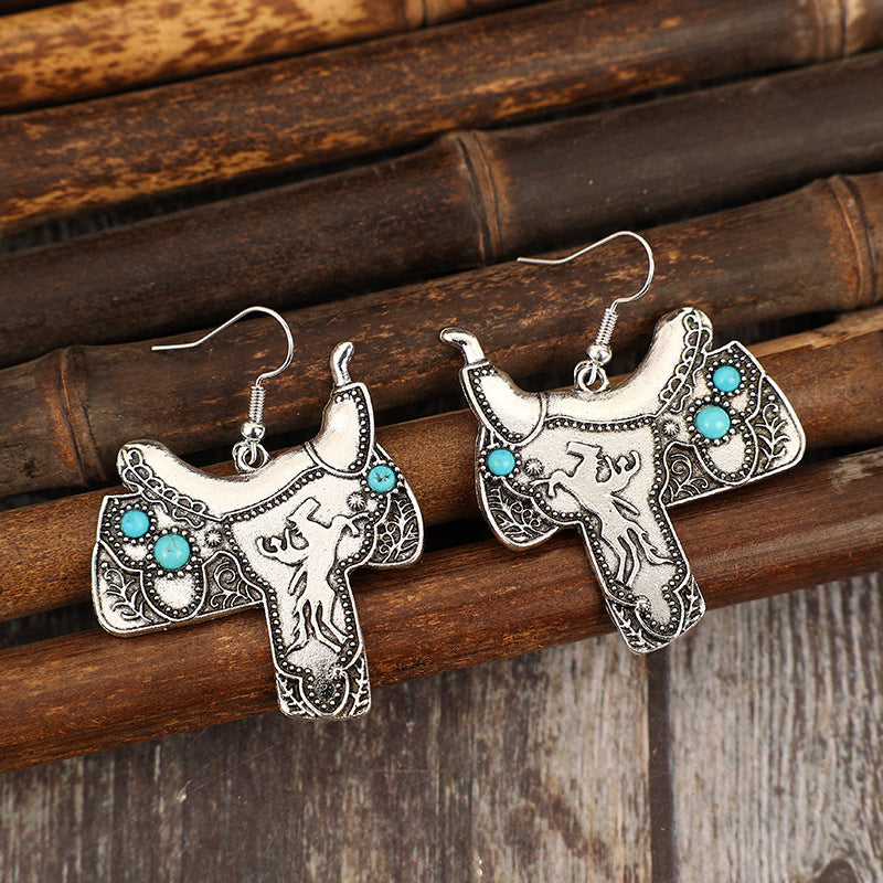 Wholesale Bohemian Western Style Saddle Inlaid Turquoise Vintage Alloy Earrings