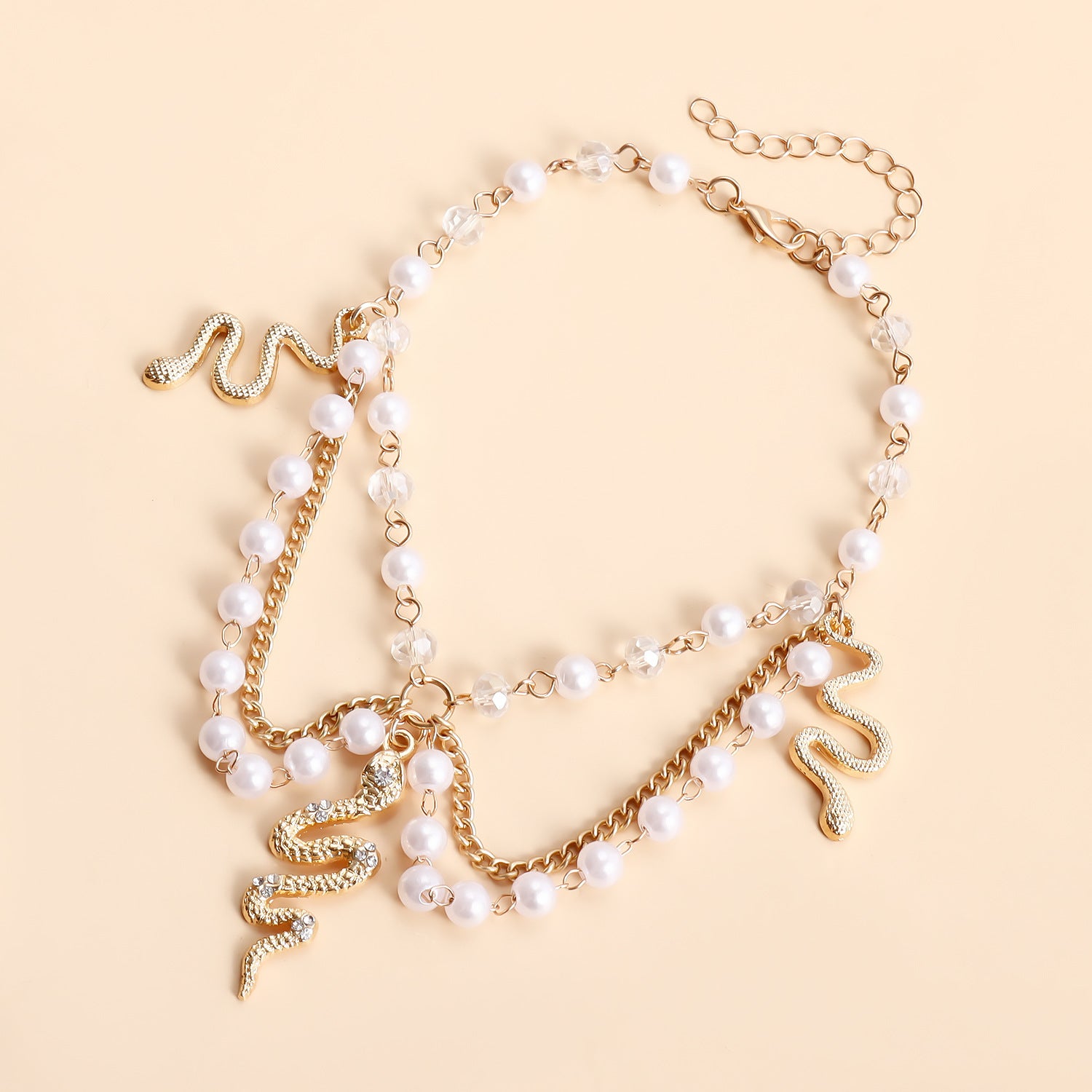 Wholesale pearl chain anklet multi-layer geometric snake pendant anklet