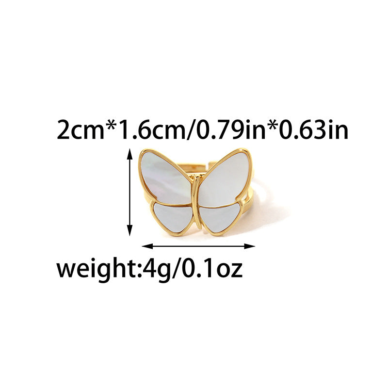 Wholesale luxury fashion mother-of-pearl butterfly ring stainless steel gold-plated open ring