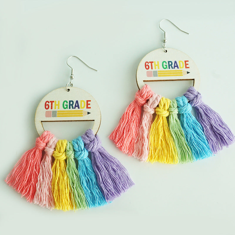 Wholesale 2 Pairs/pack Back To School Season Colorful Braided Earrings Handmade Tassel Wood Earrings ACC-ES-HY153