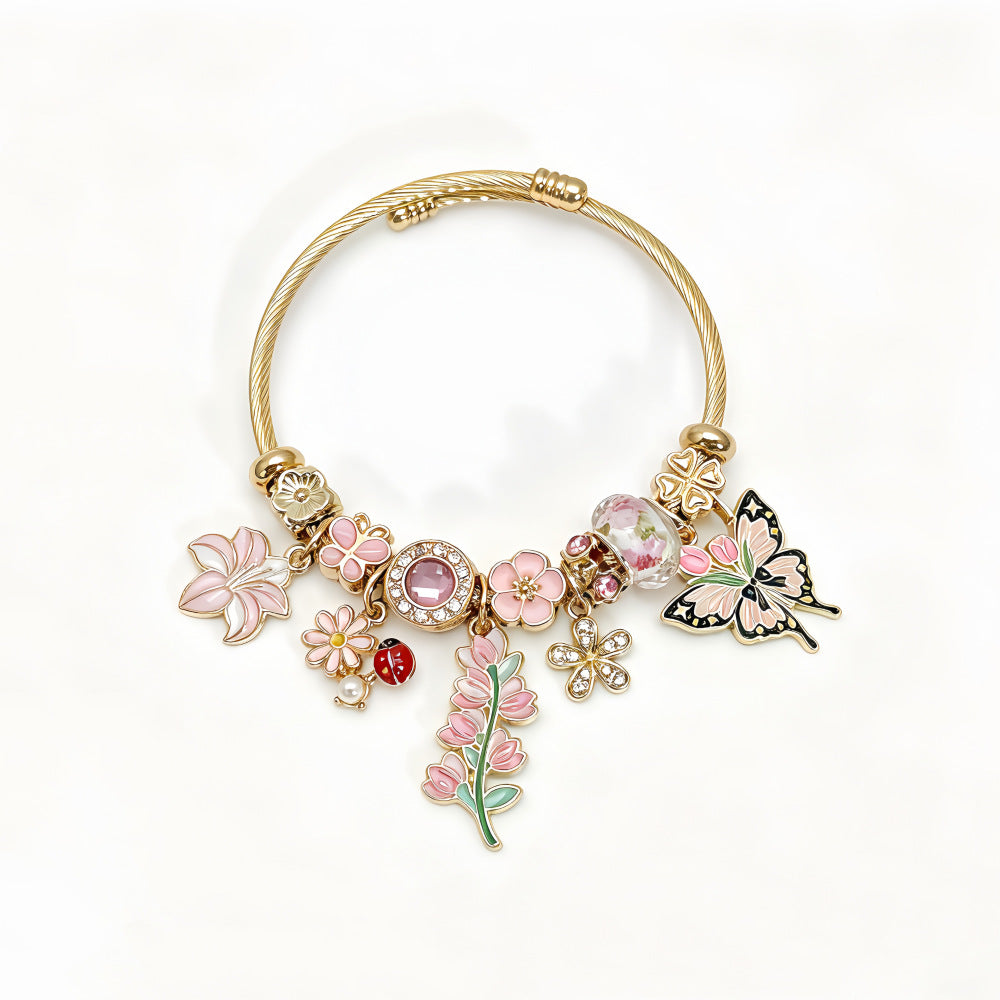 Wholesale Stainless Steel Electroplated Floral Butterfly Rhinestone Glass Bead Bracelet Trendy Women S Everyday Wear