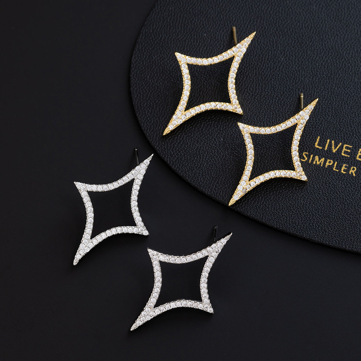 Wholesale Gold Plated Openwork Four Pointed Star Earrings For Women Rhinestone Encrusted Jewelry Accessory Party Wear Boutique Resale