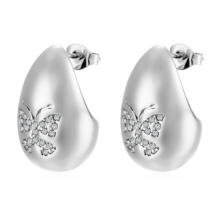 Wholesale  atmospheric stainless steel water drop inlaid butterfly grain zircon earrings