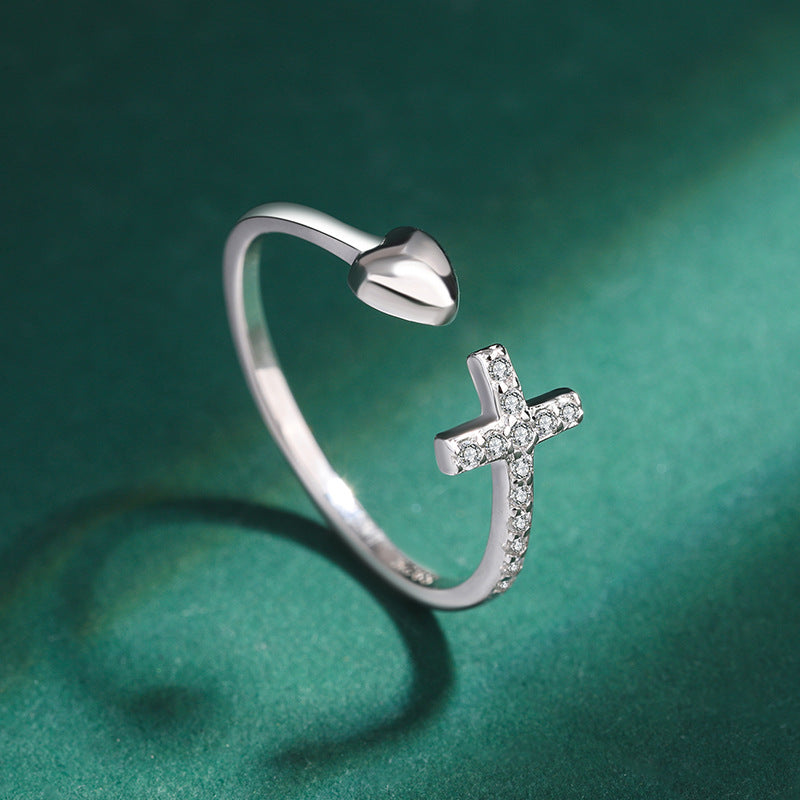 Wholesale sterling silver jewelry cross love ring open adjustable silver ring