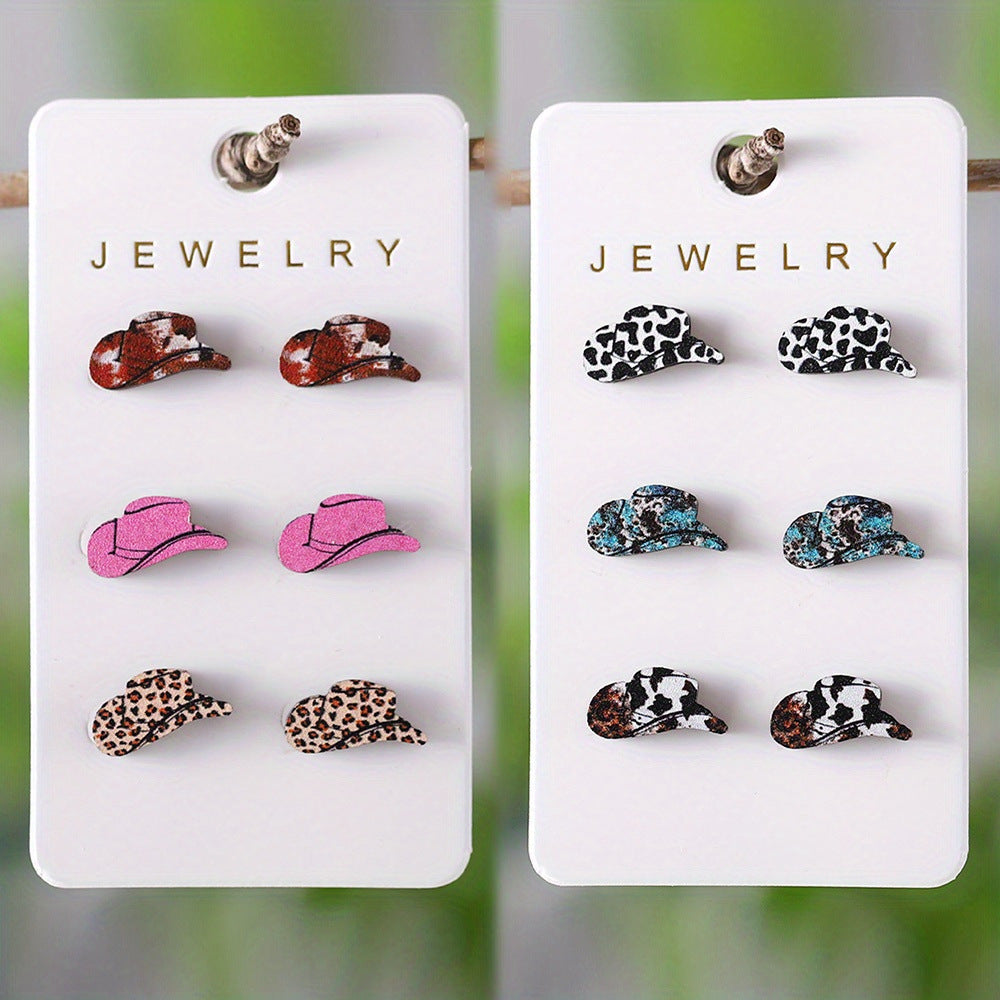 Wholesale Western style leopard print cow print turquoise pattern cowboy hat earrings set