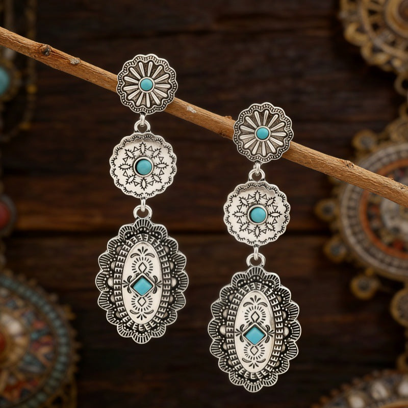 Wholesale Alloy Ancient Silver Long Drop Earrings Retro Western Ethnic Style Jewelry Accessory for Everyday Wear